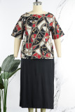 Gold Casual Daily Print Basic Off the Shoulder Plus Size Two Pieces
