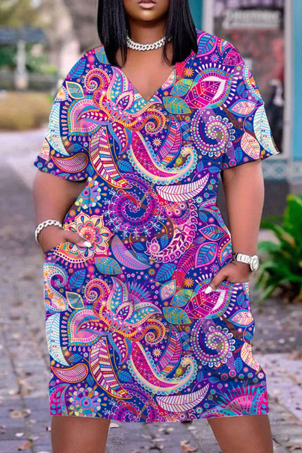 Lila Casual Print Basic V-ringad kortärmad klänning