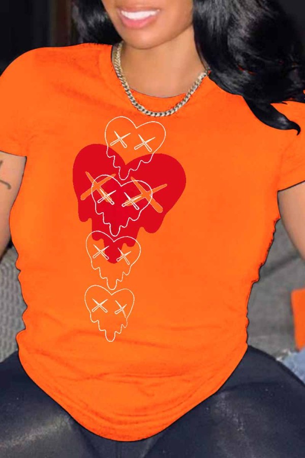 Camisetas con cuello en O de patchwork con estampado de calle naranja
