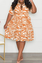 Orangefarbenes Casual-Print-Patchwork-Falten-Umlegekragen-Kleid in A-Linie in Übergröße