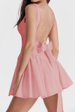 Vestido sin espalda liso informal rosa con lazo y cuello cuadrado Vestidos