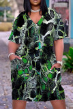 Абрикосовое повседневное базовое платье с принтом и коротким рукавом с V-образным вырезом