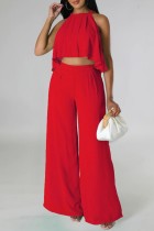 Red Casual Solid Basic O Neck Sleeveless Two Pieces