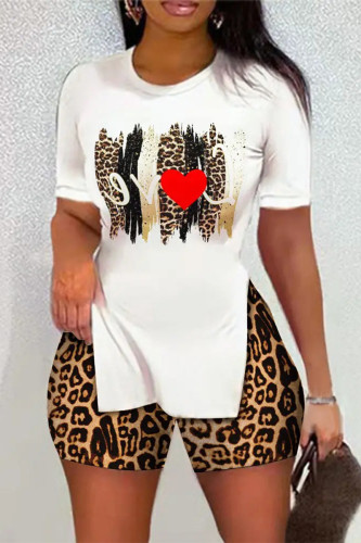 Leopard Print Casual Sportswear Letter Leopard Lips Printed Camouflage Print Slit O Neck Plus Size Two Pieces