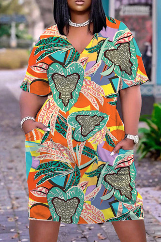 Orange Casual Print Basic V Neck Short Sleeve Dress