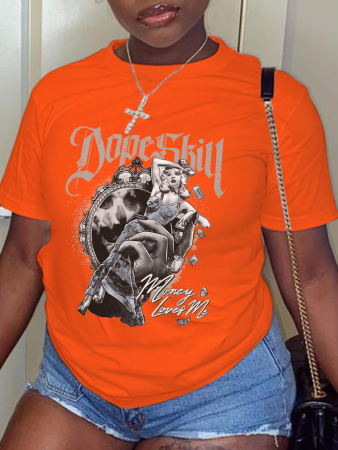Orange Casual Street Print Patchwork O-hals T-shirts