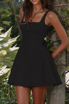 Zwarte casual effen rugloze jurk met strik, vierkante kraag, vestjurken