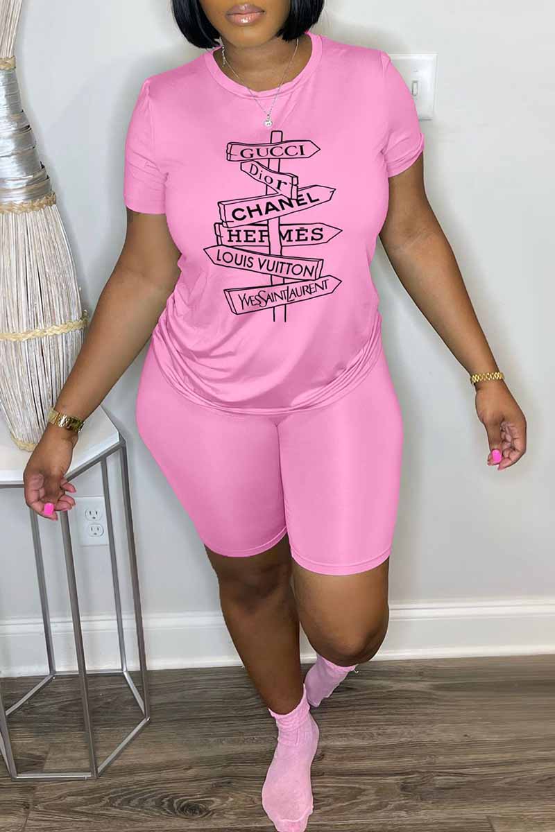 

Pink Casual Print Letter O Neck Short Sleeve Two Pieces