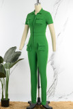 Grüner, sexy, einfarbiger Skinny-Jumpsuit mit Patchwork-Tasche und Umlegekragen