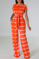 Orange Casual Work Elegant Striped Frenulum Printing O Neck Short Sleeve Two Pieces