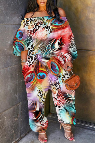 Multicolor Casual Print Patchwork Off the Shoulder Regular Jumpsuits