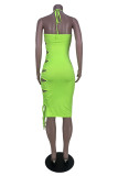 Fluorescent Green Sexy Solid Hollowed Out Frenulum Backless Spaghetti Strap Sleeveless Dress Dresses
