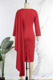Robes de jupe une étape rouge élégant patchwork solide volant O cou