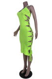 蛍光グリーンのセクシーなソリッド中空アウト小帯バックレススパゲッティストラップノースリーブドレスドレス