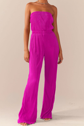 Rose Red Sexy Solid Patchwork Fold Strapless Straight Jumpsuits