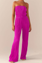 Rose rood sexy solide patchwork vouw strapless rechte jumpsuits