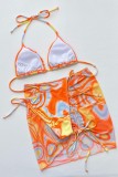 Orange Sexy Print Bandage Backless Swimsuit Three Piece Set (With Paddings)