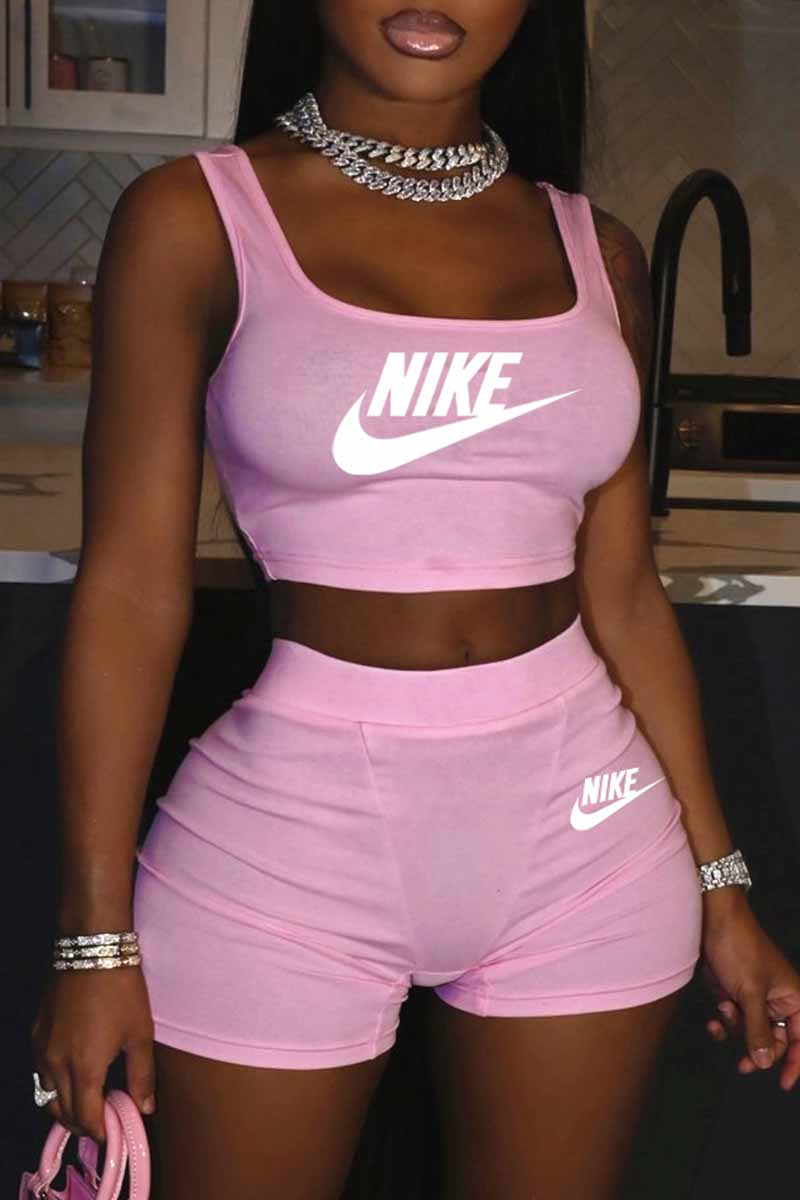 

Pink Street Print Letter U Neck Sleeveless Two Pieces