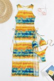 Yellow Sexy Print Tie Dye Frenulum Slit Swimsuit Three Piece Set (With Paddings)