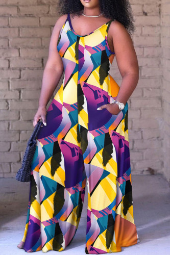 Lila-gelber, lässiger, lockerer Jumpsuit mit Spaghettiträgern und Street-Print