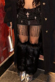 Черные сексуальные уличные сплошные кисточки в стиле пэчворк, металлические аксессуары, украшения, обычные, с низкой талией, карандаш, однотонные штаны
