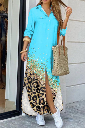 Sky Blue Casual Print Leopard Patchwork Buckle Turndown Collar Shirt Dress Dresses