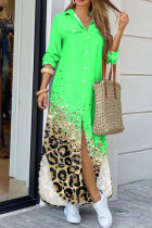 Green Casual Print Leopard Patchwork Buckle Turndown Collar Shirt Dress Dresses