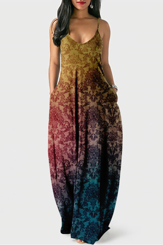 Red Yellow Casual Street Print U Neck Lantern Skirt Dresses