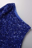 Blauwe sexy patchwork pailletten backless schuine kraag een stap rok jurken