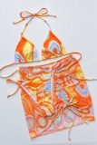 Set di tre pezzi del costume da bagno senza schienale fasciatura con stampa sexy arancione (con imbottiture)
