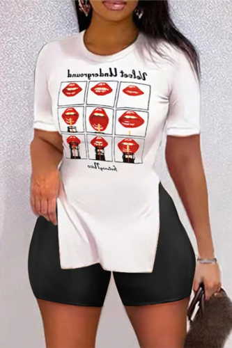 Red White Casual Sportswear Letter Leopard Lips Printed Camouflage Print Slit O Neck Plus Size Two Pieces