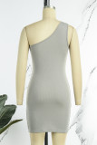 Silver Gray Sexy Casual Solid Backless One Shoulder Sleeveless Dress Dresses