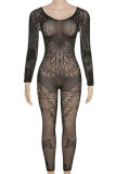 Black Sexy Solid Patchwork See-through O Neck Skinny Jumpsuits