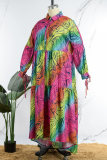 Cyan Casual Print Patchwork Buckle Fold Turndown Collar Long Dress Robes de grande taille