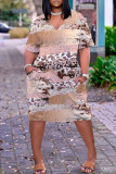 Aprikos Casual Print Basic V-ringad kortärmad klänning