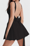 Zwarte casual effen rugloze jurk met strik, vierkante kraag, vestjurken