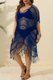 Black Sexy Solid Hollowed Out See-through V Neck Beach Dress Plus Size Swimwear
