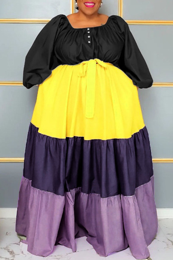 ブラック カジュアル ソリッド パッチワーク スクエア カラー A ライン プラス サイズ ドレス