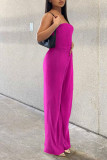 Rose Red Sexig Solid Patchwork Vik Strapless Straight Jumpsuits