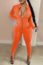 Orange Sexy Casual Sportswear Solid Zipper Half A Rollkragen Skinny Jumpsuits