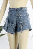Short jeans skinny azul claro casual patchwork cintura alta