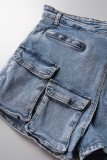 Pantaloncini di jeans skinny a vita alta con patchwork tinta unita casual azzurri