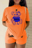 Orange lässige Sportbekleidung, Cartoon-Druck, Buchstabe O-Ausschnitt, kurzärmlig, zweiteilig (ohne Halskette)