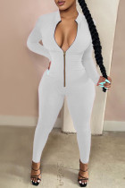 Weiße, sexy, lässige Sportswear-Overalls mit festem Reißverschluss und halbem Rollkragen
