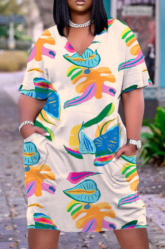 Apricot Casual Print Basic V Neck Short Sleeve Dress