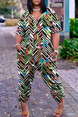 Black Casual Print Patchwork V Neck Regular Jumpsuits
