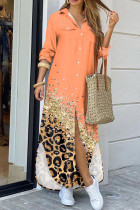 Oranje casual print luipaard patchwork gesp turndown kraag overhemdjurk jurken