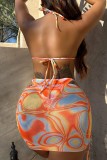 Оранжевый сексуальный принт бандажный купальник с открытой спиной из трех частей (с прокладками)