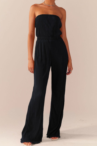 Black Sexy Solid Patchwork Fold Strapless Straight Jumpsuits