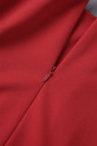 Красные элегантные однотонные платья в стиле пэчворк с воланами и круглым вырезом, одноступенчатые юбки